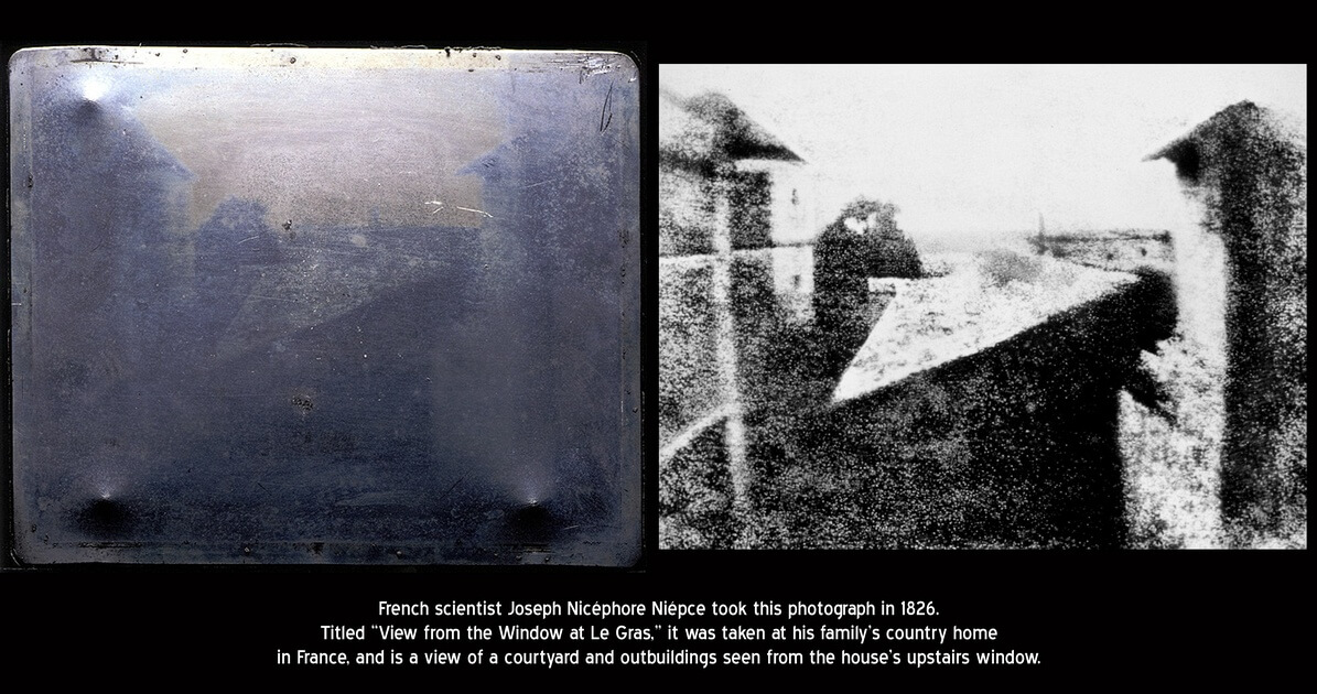 Когда был сделан первый снимок. Жозеф Ньепс самая первая фотография. Первая фотография 1826. Снимок Ньепса 1826. Первая фотография в мире, «вид из окна», 1826.