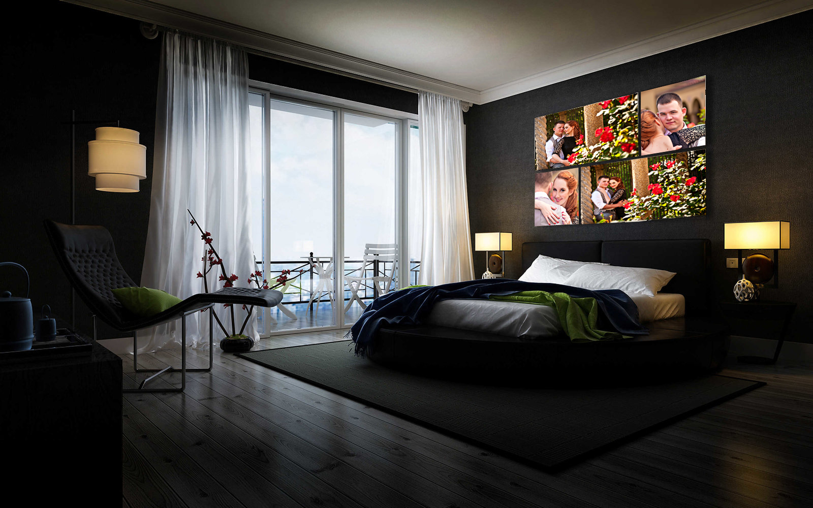 Modern black and white bedroom interior illuminated by lamps wit