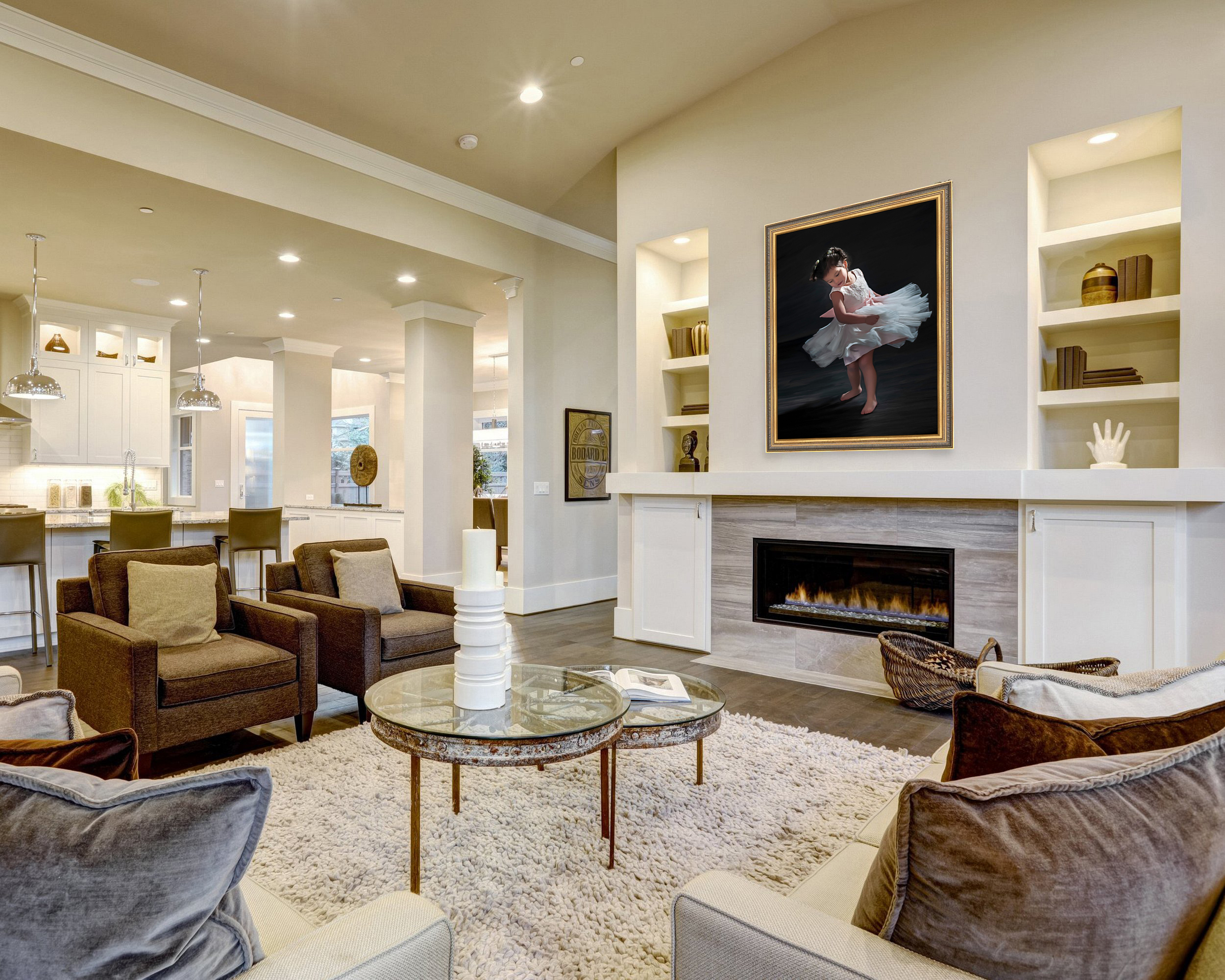 Chic living room design in natural colors and open plan.